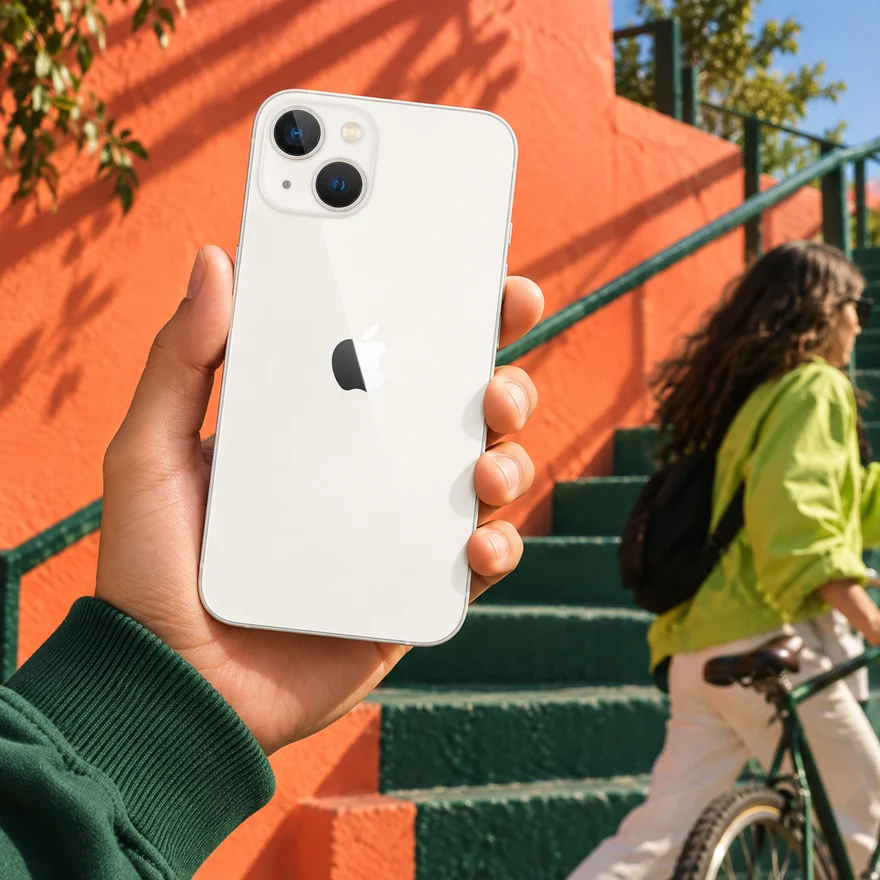 Ilustración de iPhone 13 blanco en un entorno urbano