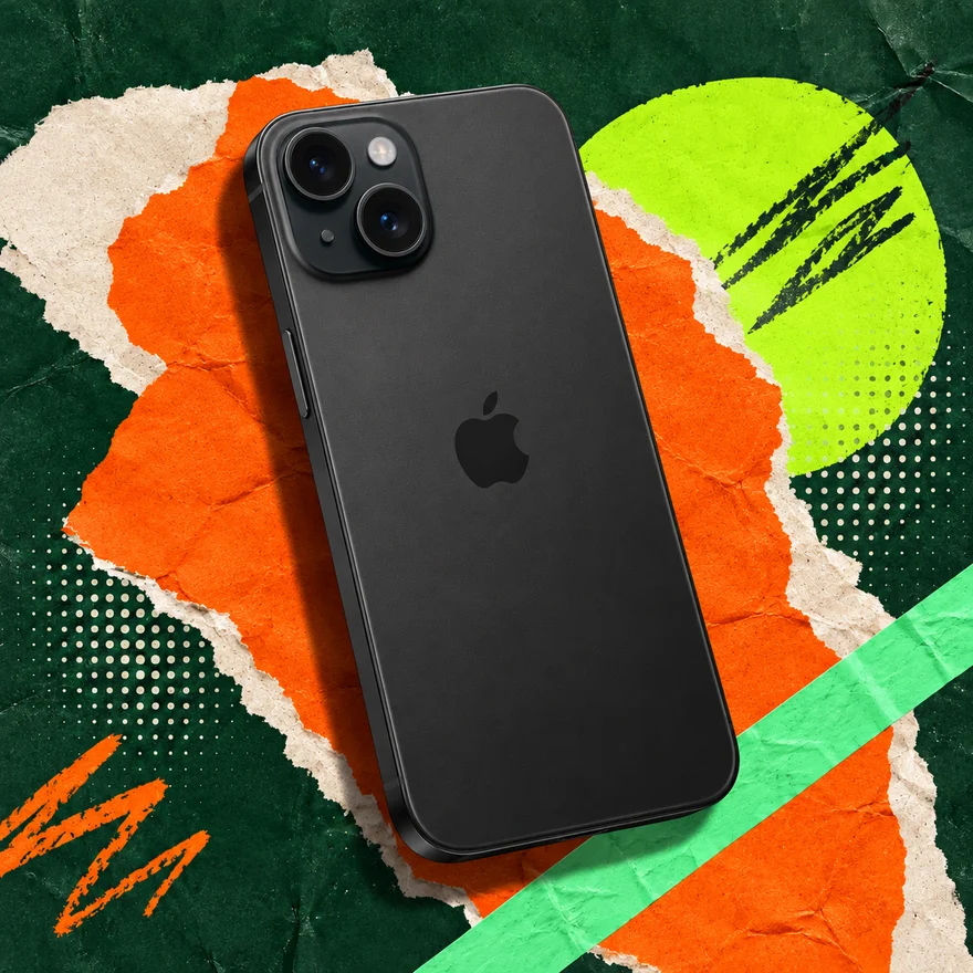 Ilustración de iPhone 15 negro en una composición editorial de colores