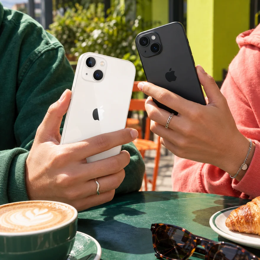 Escena ilustrativa de dos personas con iPhone en una terraza soleada