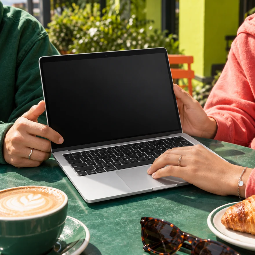 Escena ilustrativa de MacBook en una mesa de café